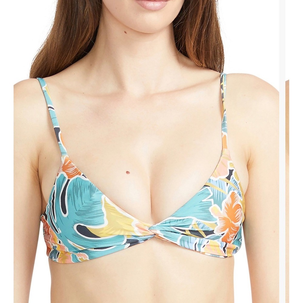 Volcom Take It Easy V-Neck Twist Front Floral Bikini Top Blue Orange Medium NWT